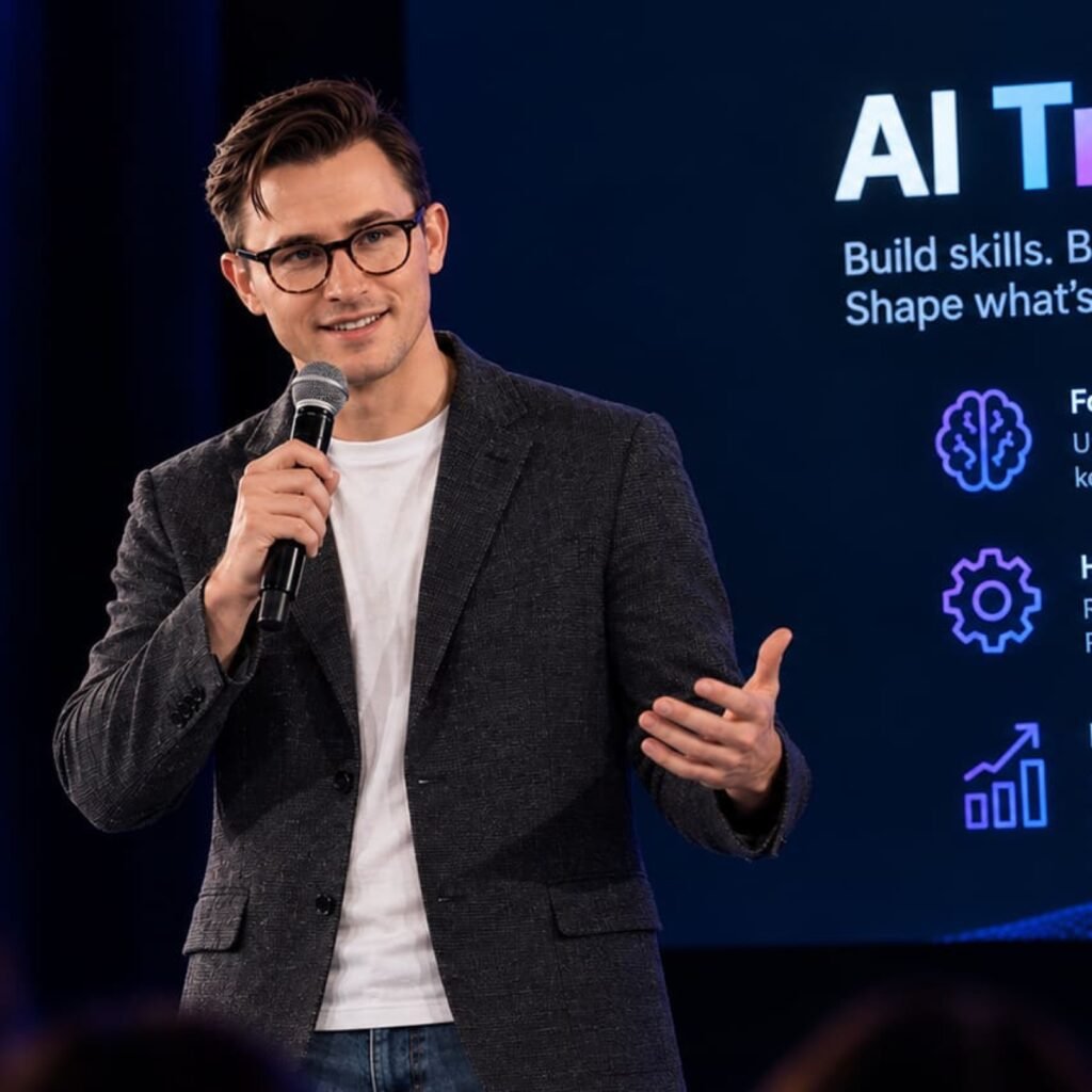 A speaker with a microphone giving a talk on stage