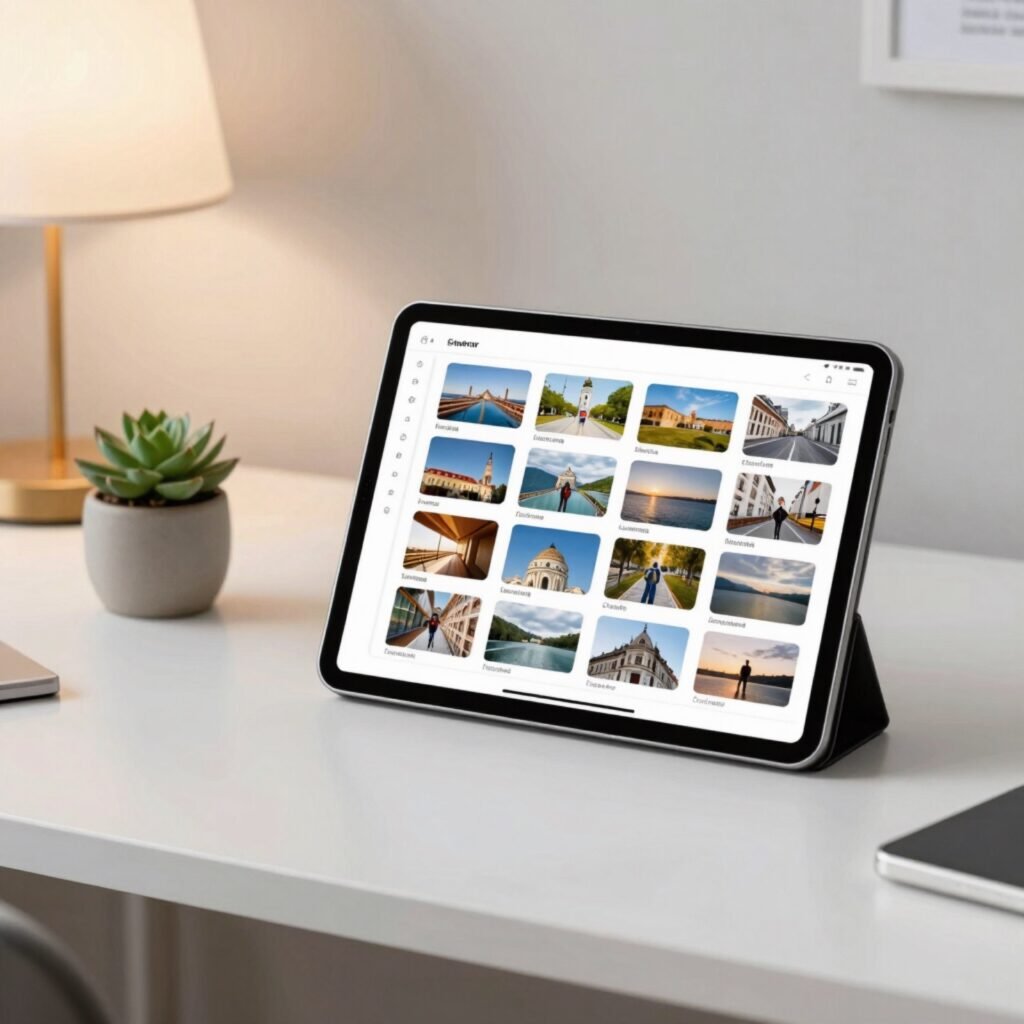 A tablet on a tidy desk showing an organized photo gallery