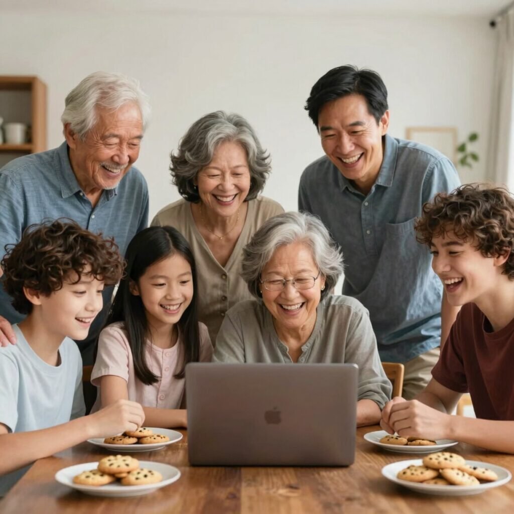 Three generations of a family gathered around a laptop with tea and cookies