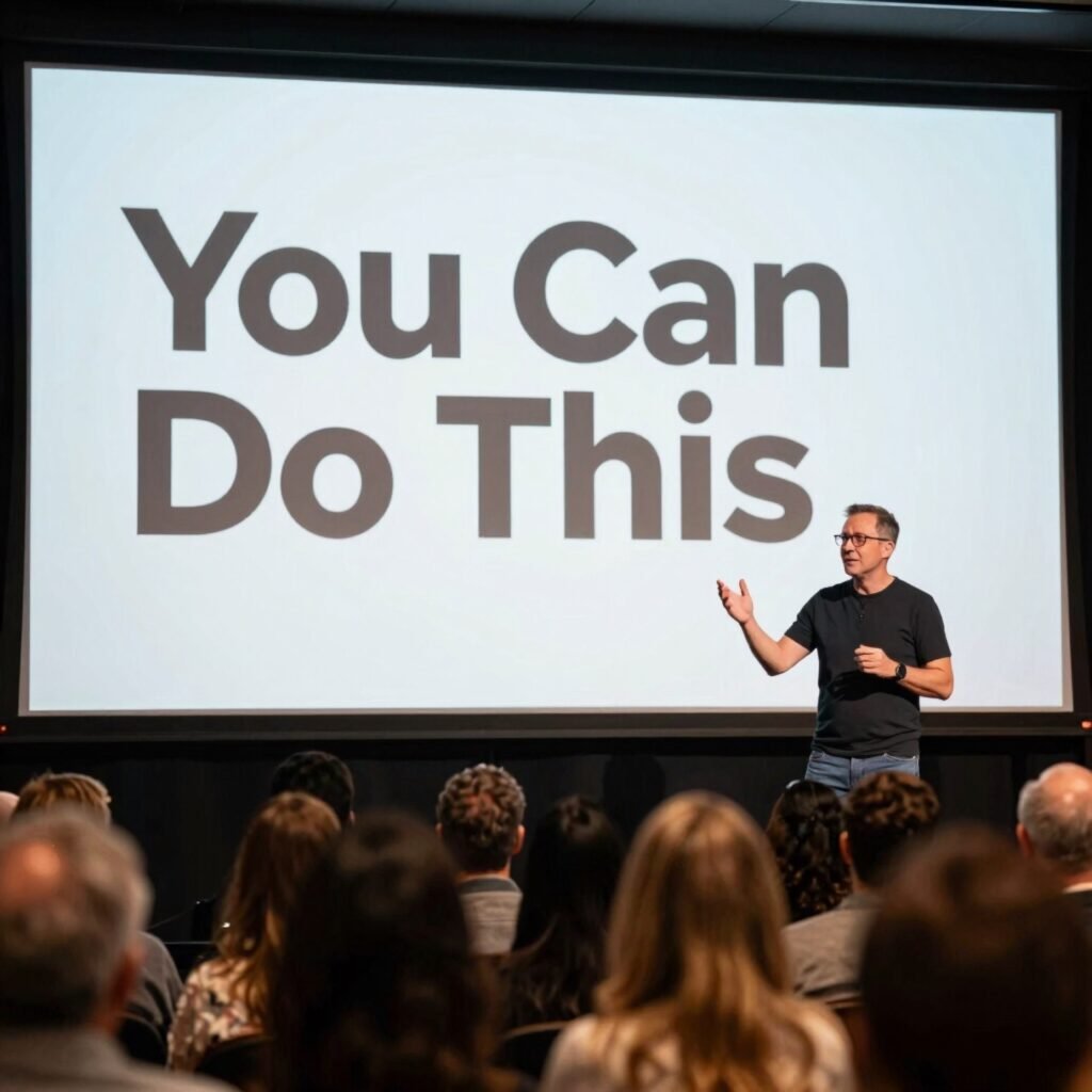 A speaker presenting to an audience in front of a slide reading You Can Do This